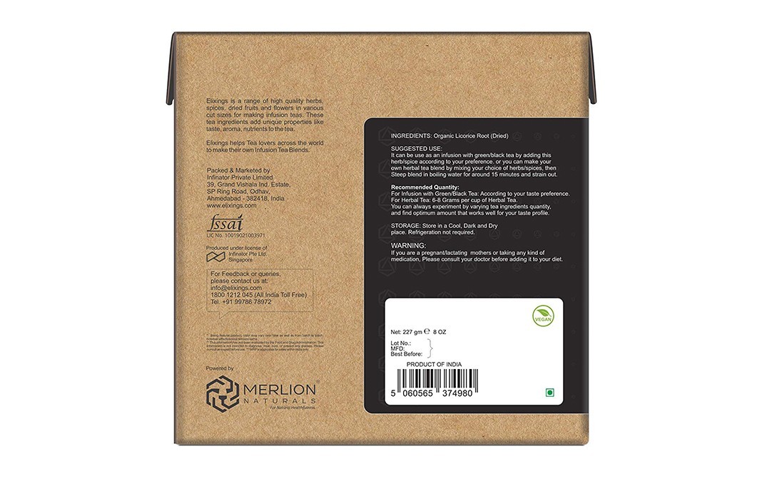 Elixings Organic Licorice Root Glycrrhiza Glabra Loose Leaf Cut   Box  227 grams